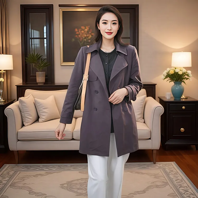 中长款紫色风衣外套女高端气质百搭上衣