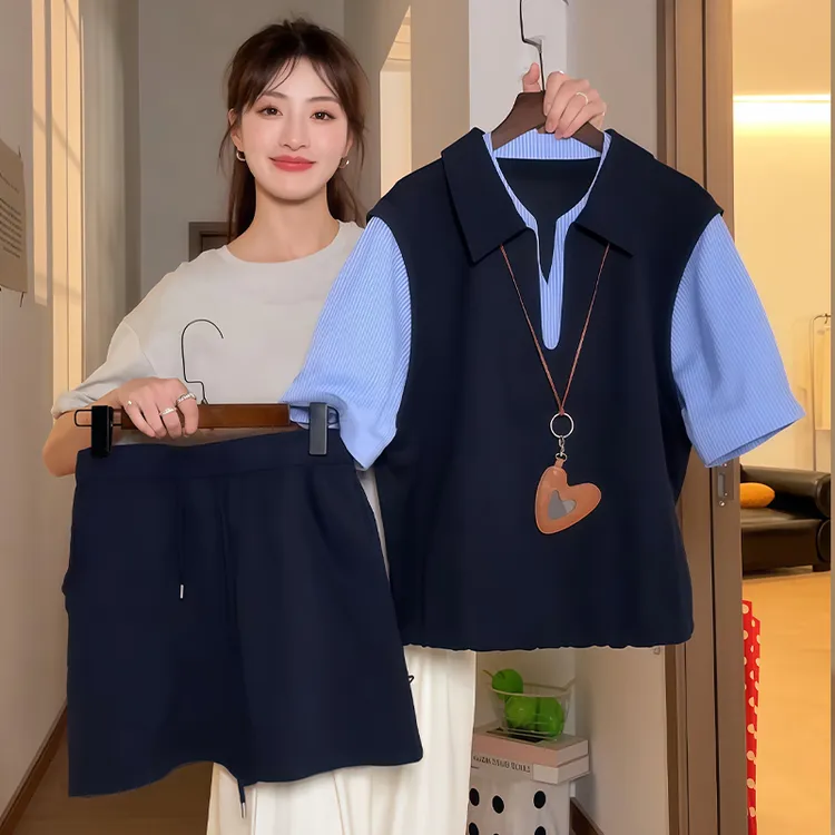 时尚减龄套装女2025年夏季新款设计感条纹拼接短袖上衣短裙两件套