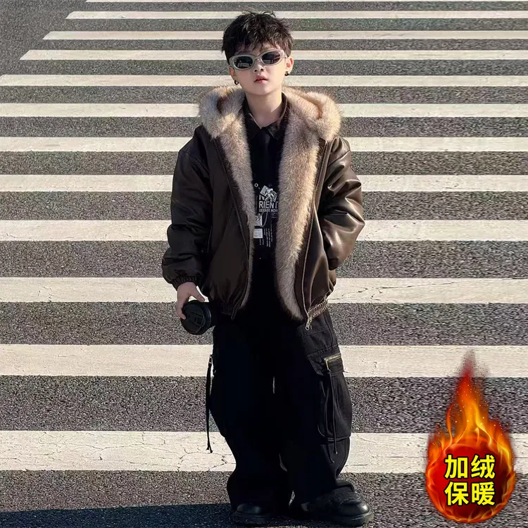 儿童装男童皮衣外套2025新款冬装大童加绒男孩双面穿夹克冬季加厚