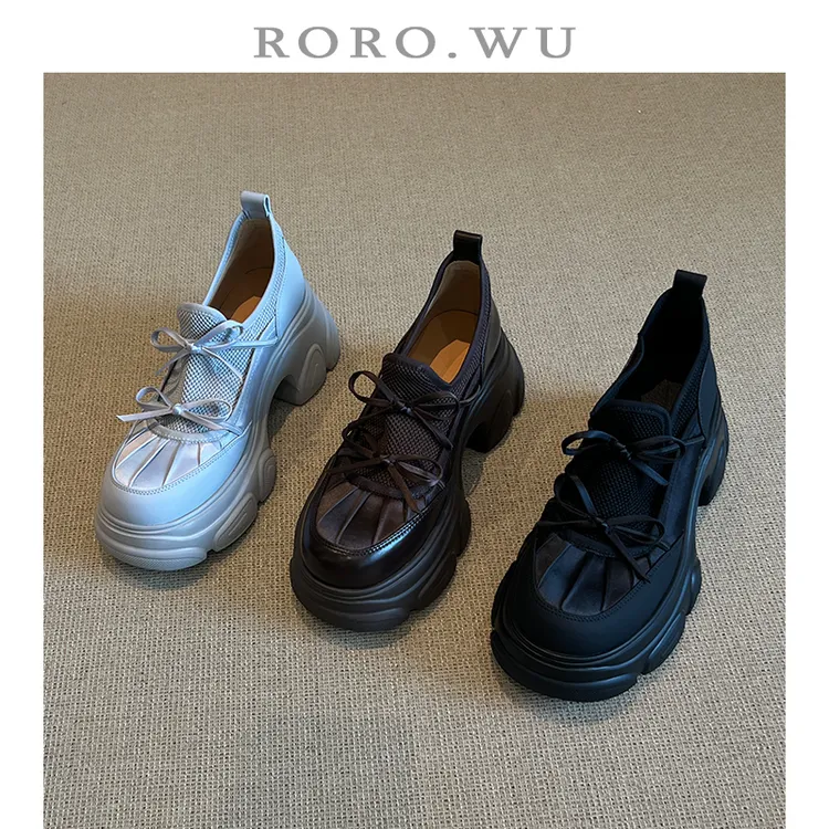 娆娆吴·牛皮厚底减龄小个子增高百搭蝴蝶结系带时尚休闲单鞋A166