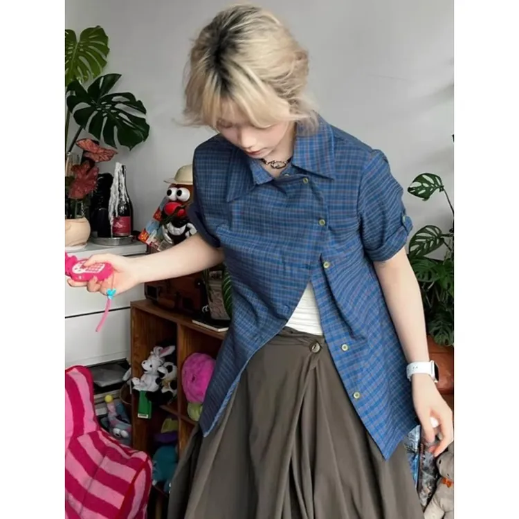 美式复古格子衬衫女夏季2025新款polo领短袖衬衣性感收腰辣妹上衣