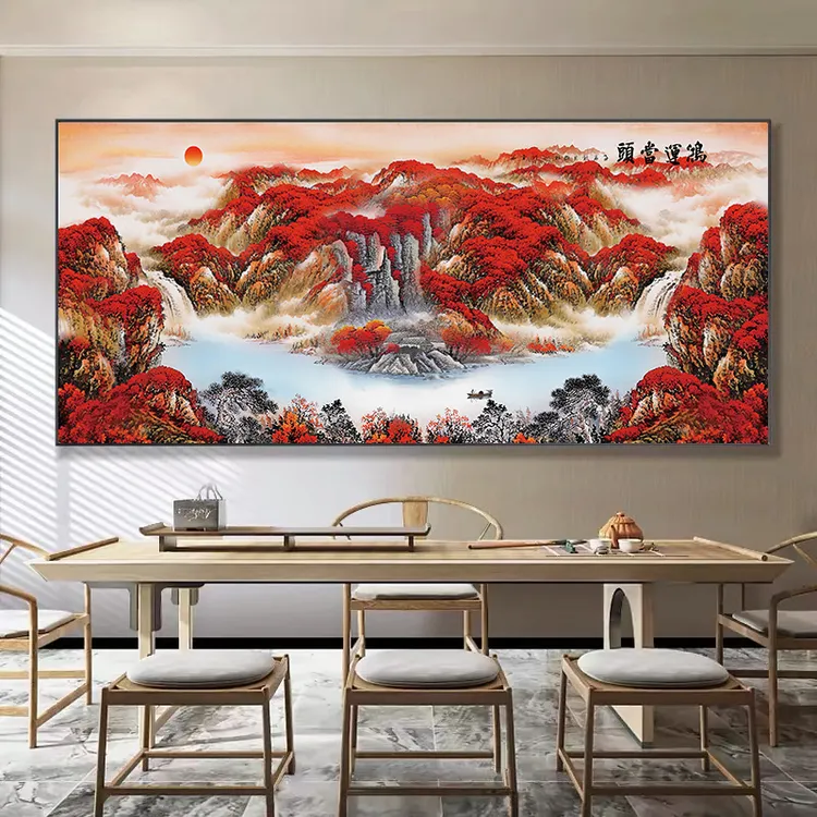 鸿运当头办公室茶室背景墙装饰画高端新中式山水画客厅沙发挂画