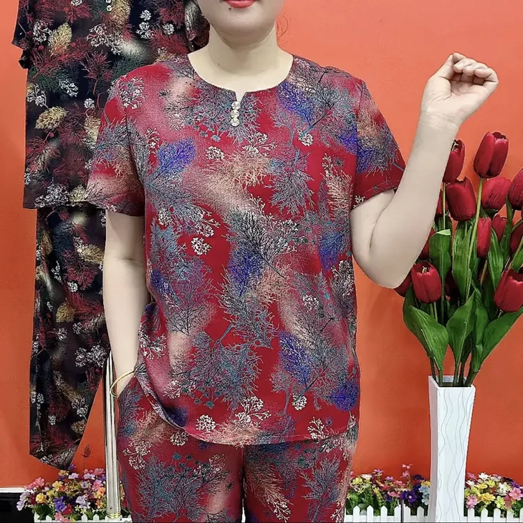 夏季大码气质宽松薄款中老年女装打底花色时尚套装