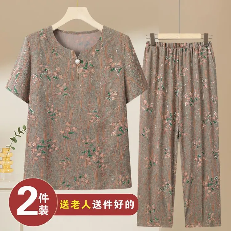 老年人女夏装冰丝套装奶奶短袖妈妈夏季t恤大码两件套老太太凉快