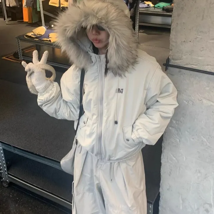 美式复古灰色派克服可拆卸毛领连帽棉服冬季加厚保暖棉衣外套女潮