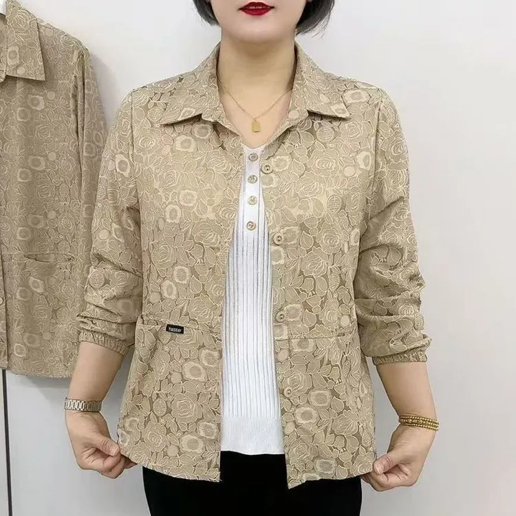 时尚中老年女装提花长袖衬衫2025秋季新款大码百搭翻领外套上衣潮
