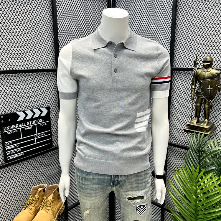 夏季新款潮流高端tb针织衫翻领男女款经典四条杠薄毛衣短袖POLO衫