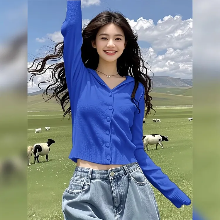 秋季洋气女装网红克莱因蓝连帽开衫毛衣打底针织衫内搭短款上衣服