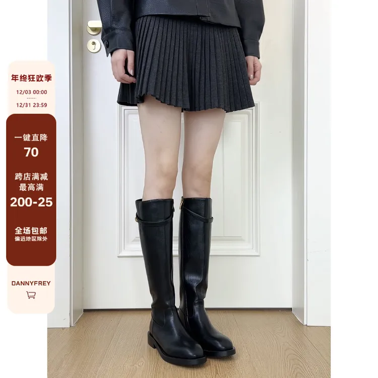Dannyfrey时尚百搭显瘦真皮长筒靴金属感扣带高筒骑士靴瘦瘦靴3CM