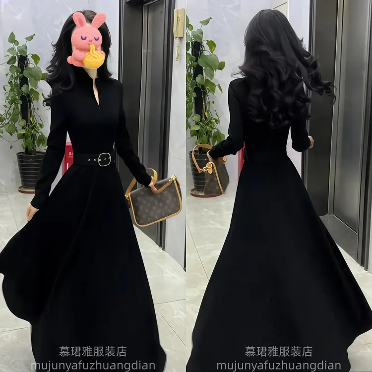 设计感气质女装立领半拉链系带收腰显瘦长款连衣裙