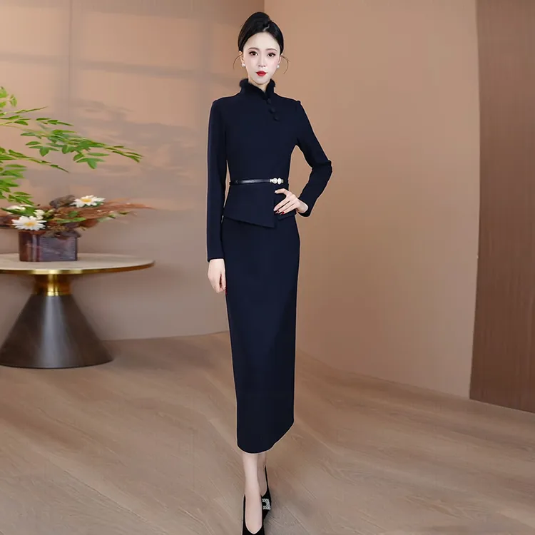 藏蓝色秋冬加厚连衣裙女2025新款修身显瘦假两件裙子显瘦气质长裙