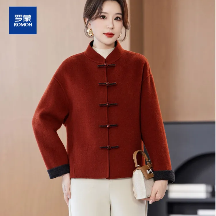 罗蒙高端双面呢羊毛大衣女2025秋时尚小个子大码新中式妈妈短外套