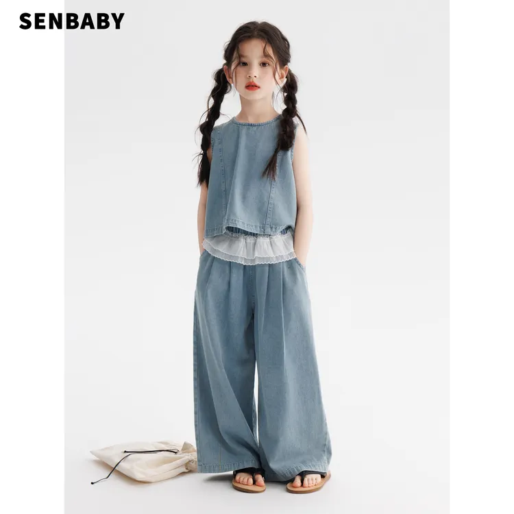 【现货】senbaby女童无袖牛仔背心夏季牛仔裤两件套无袖牛仔套装