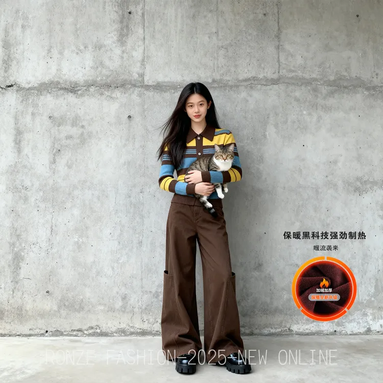 美式复古琥珀色加绒加厚阔腿工装牛仔美拉德色系设计感宽松多口袋