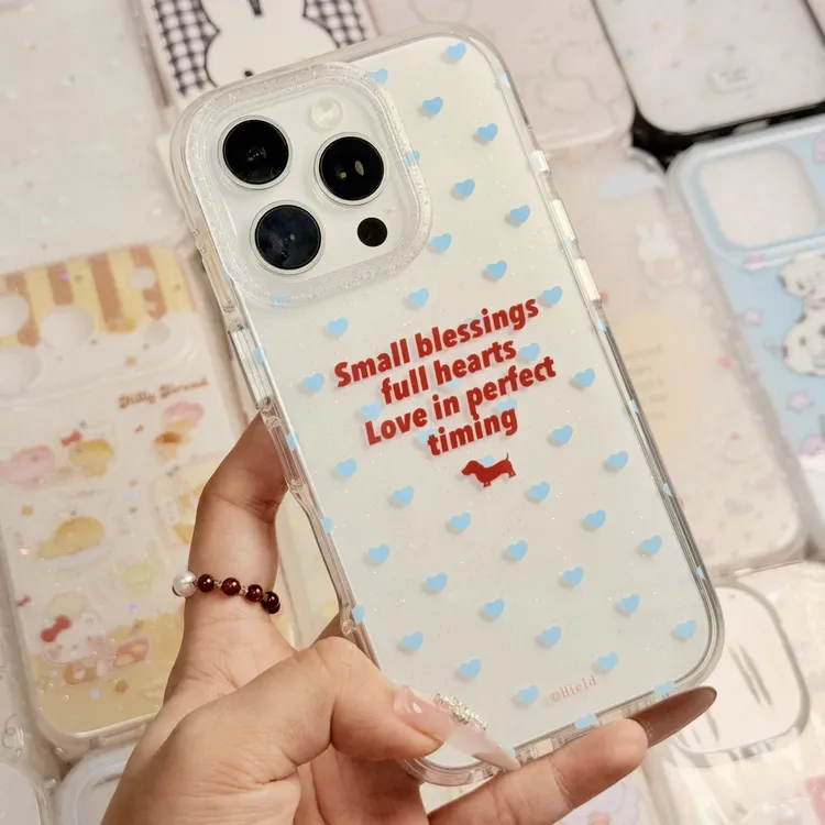 简约透明蓝色爱心英文腊肠狗图案适用苹果多款机型手机壳