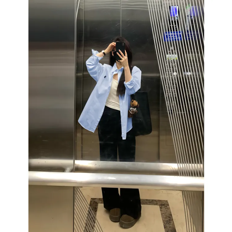 2025早秋新款简约通勤蓝色衬衫女中长款显瘦百搭防嗮衬衣开衫外套