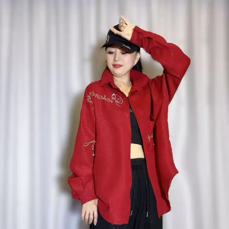 CX5566斜纹绒满天星烫钻男女同款长袖时尚宽松衬衫新疆西藏不包邮