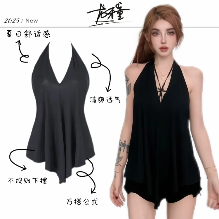 龙牙童推荐【V领挂脖】显瘦赫本风连衣裙舒适性感透气不规则露背