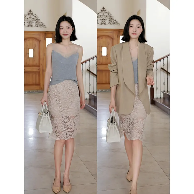 郭九九呢 亚麻棉通简约西装外套拼接吊带蕾丝半身裙 G925A00277-1