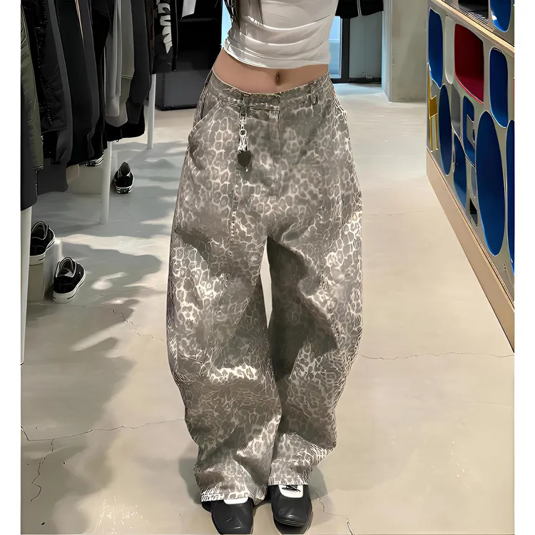 美式复古豹纹弯刀牛仔裤女夏季新款街头辣妹廓形宽松阔腿拖地长裤