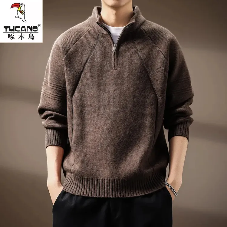 高端美式半高领拉链毛衣男2025秋冬新款宽松套头打底潮流针织衫男