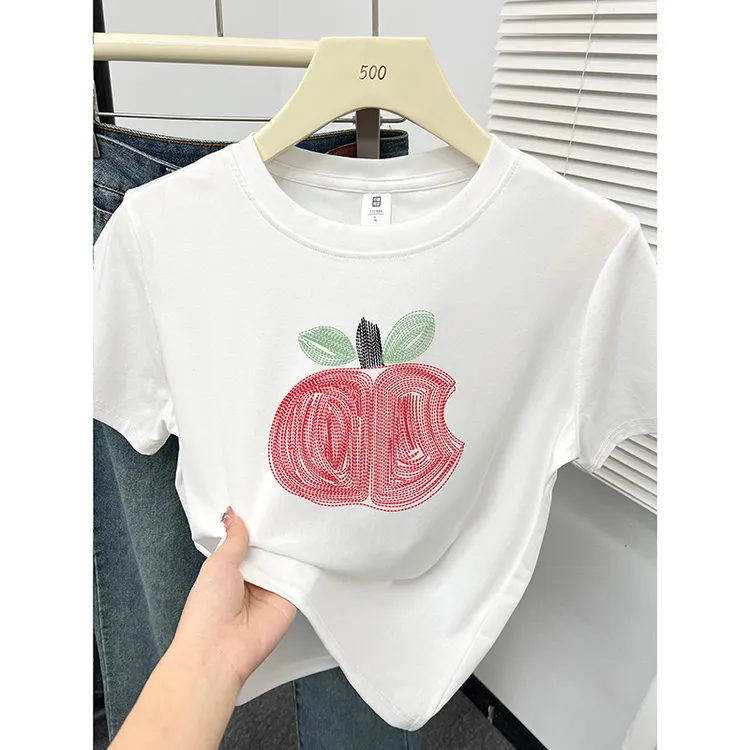 白色圆领t恤女短袖夏季韩版小众设计感苹果印花休闲打底小衫上衣