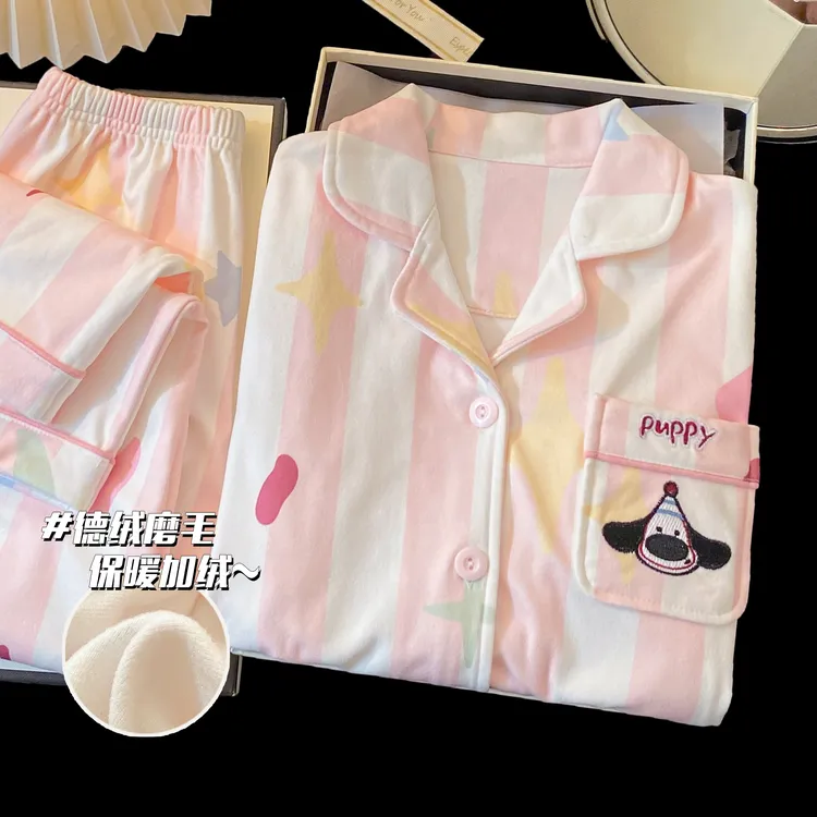 2025新款儿童睡衣女秋冬季德绒长袖女童海岛绒加绒加厚女孩家居服