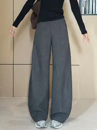 灰色毛呢秋冬垂感阔腿裤女新款高腰休闲人字纹显瘦直筒裤AM25709