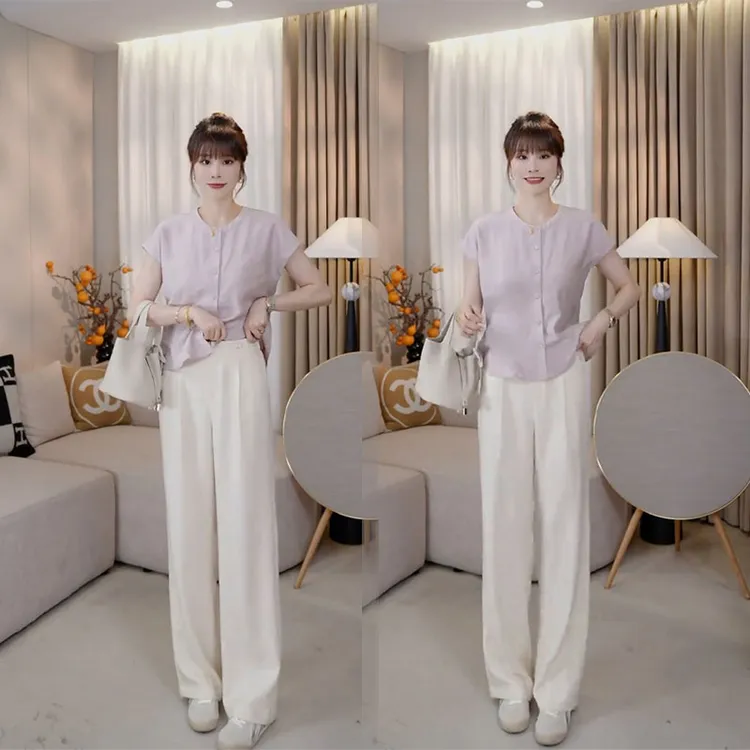 气质时尚套装女2025夏季新款韩系显瘦小飞袖衬衫高腰阔腿裤两件套