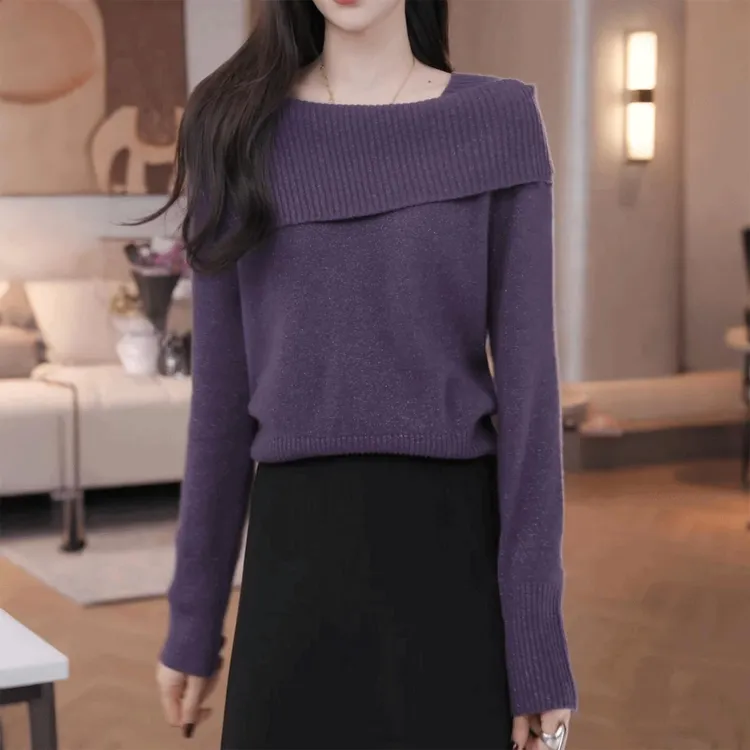 设计感时尚细闪翻领针织衫女秋冬韩系时尚休闲减龄显瘦一字肩上衣