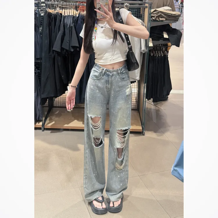 烫钻破洞小众牛仔裤女春夏季爆款薄款小个子显瘦宽松牛仔阔腿裤