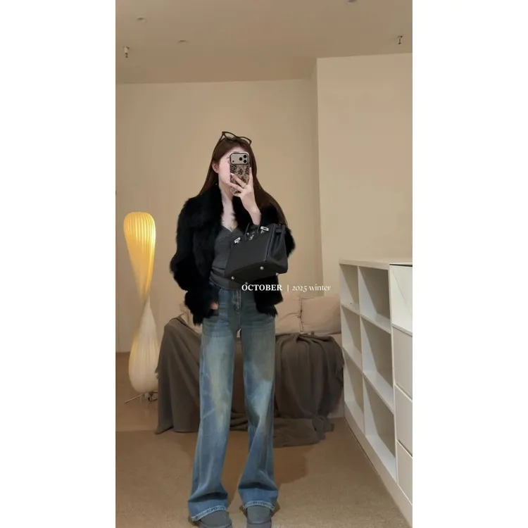 名媛时尚气质毛毛保暖外套简约V领修身上衣高腰休闲阔腿裤三件套