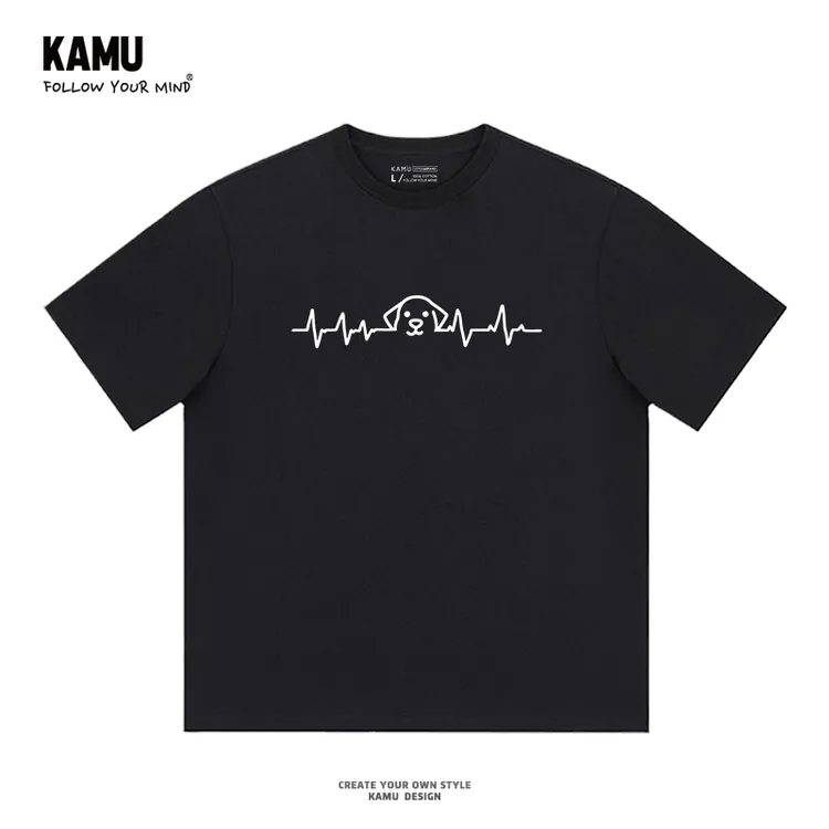 KAMU咖木小狗印花夏季短袖体宽松上衣纯棉简约休闲百搭学生T恤男