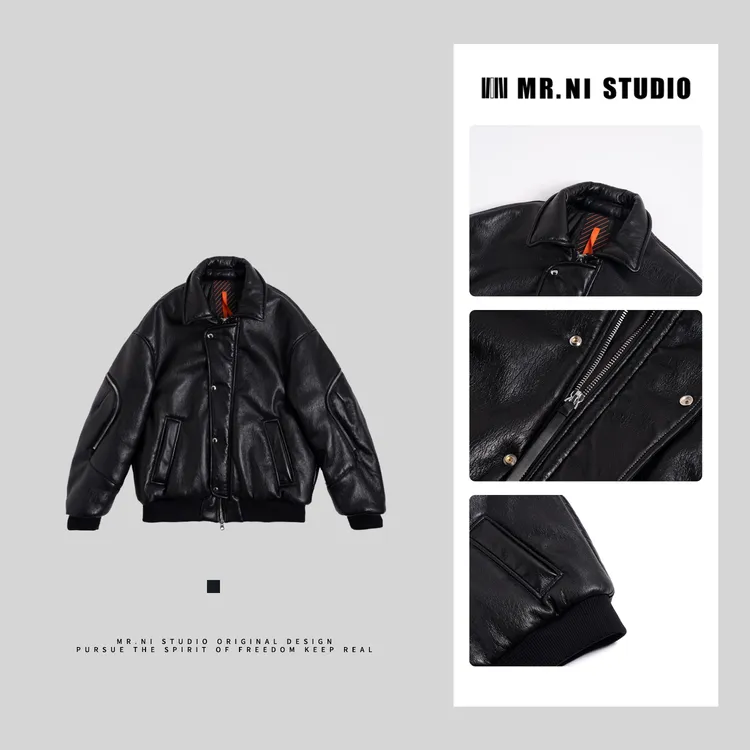 MR.NI/倪先生「黑金刚」巨帅御寒拉链机能风软糯皮派克翻领鹅绒外套