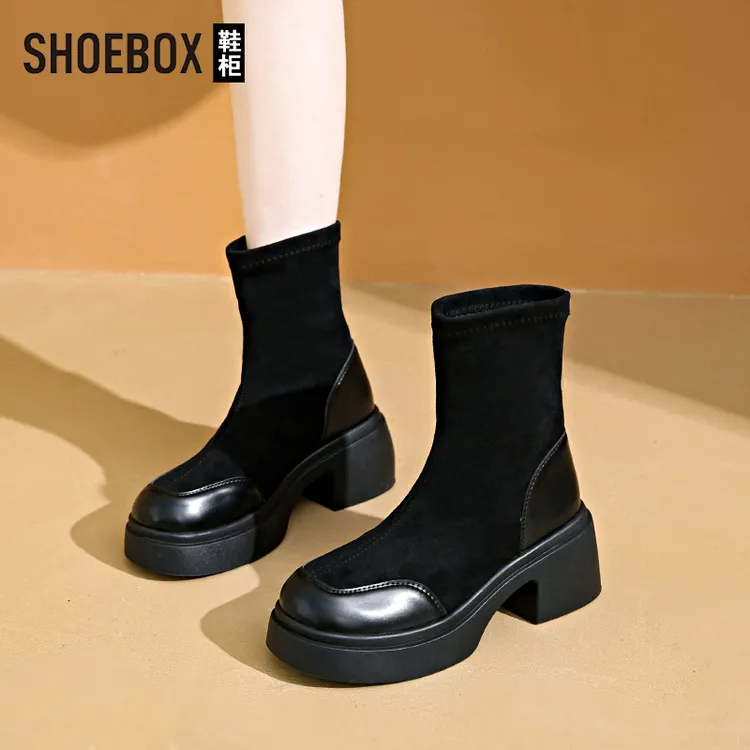 SHOEBOX鞋柜厚底马丁靴女2025新款秋季显瘦高跟短靴弹力瘦瘦靴