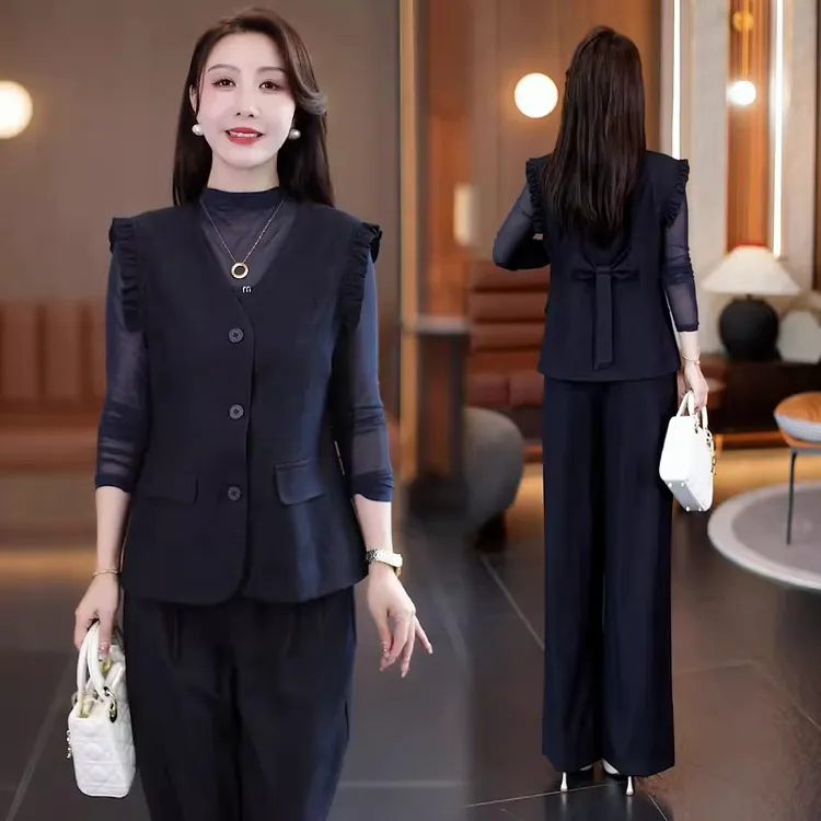 时尚套装女2025秋季新款时髦洋气蝴蝶结马甲打底衫阔腿裤三件套潮