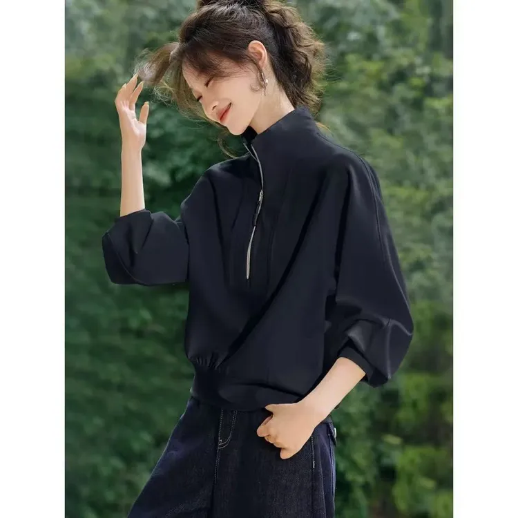 时尚休闲卫衣女春秋季2025新款长袖韩系立领宽松上衣百搭显瘦慵懒