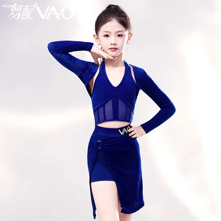 VL51464-VAO舞配舞服2025新款拉丁舞服练功服女蓝色显白三件套