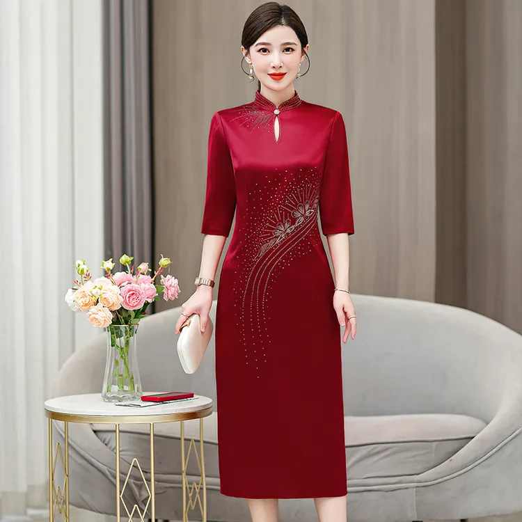 高端女款洋气连衣裙旗袍中长款婚礼妈妈婚宴礼服喜婆婆装敬酒气质