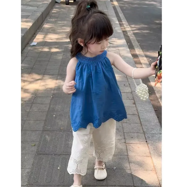 女童夏季套装2025新款洋气女宝宝镂空挂脖背心儿童韩版500262