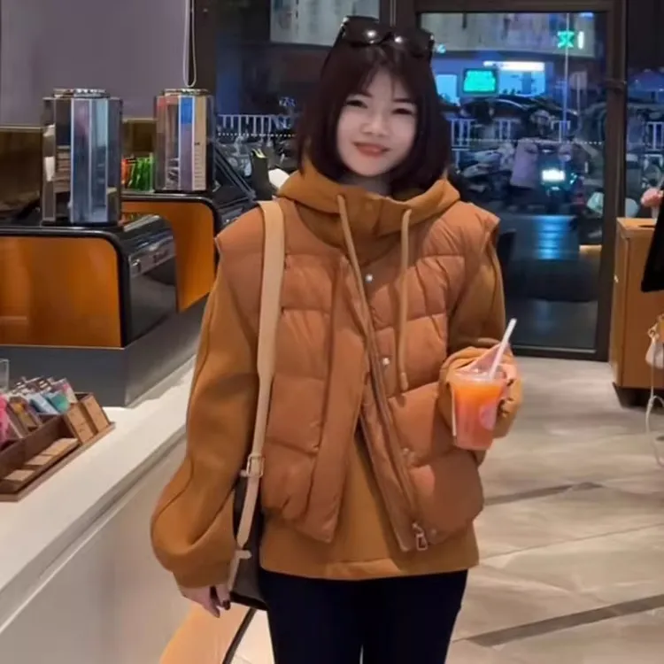 胖妹妹200斤韩版时尚叠穿棉服马甲套装女秋冬连帽加绒卫衣两件套