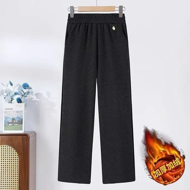 毛呢中老年新款女装高腰保暖妈妈直筒裤加绒加厚直筒秋冬休闲裤