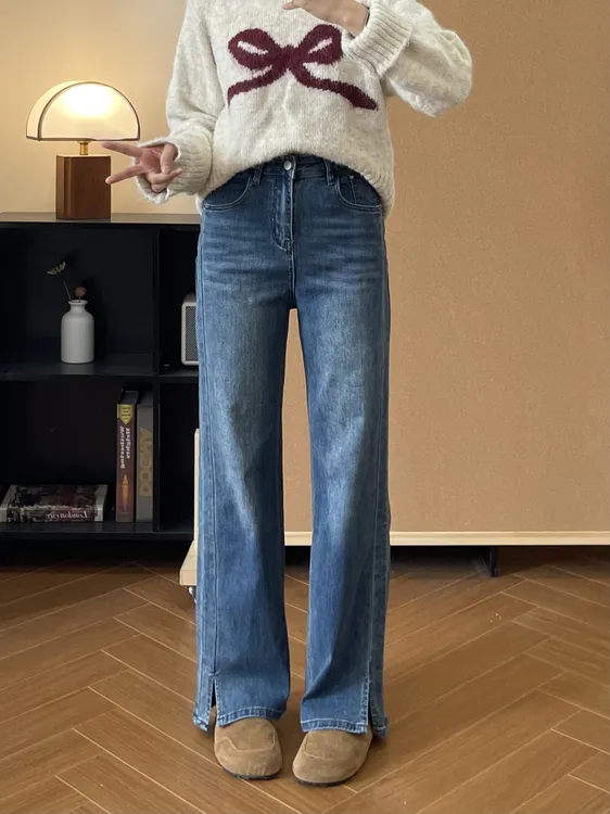 复古开叉直筒牛仔裤女秋季新款大码胖mm高腰宽松显瘦窄版阔腿裤