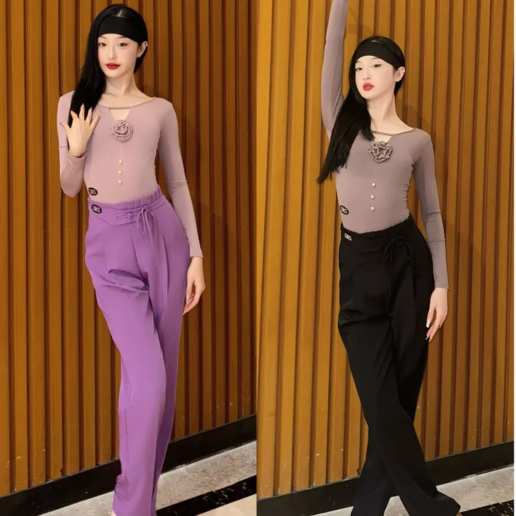 DRS新款玫瑰珍珠长袖拉丁舞连体衣气质显瘦专业国标舞服百搭洋气