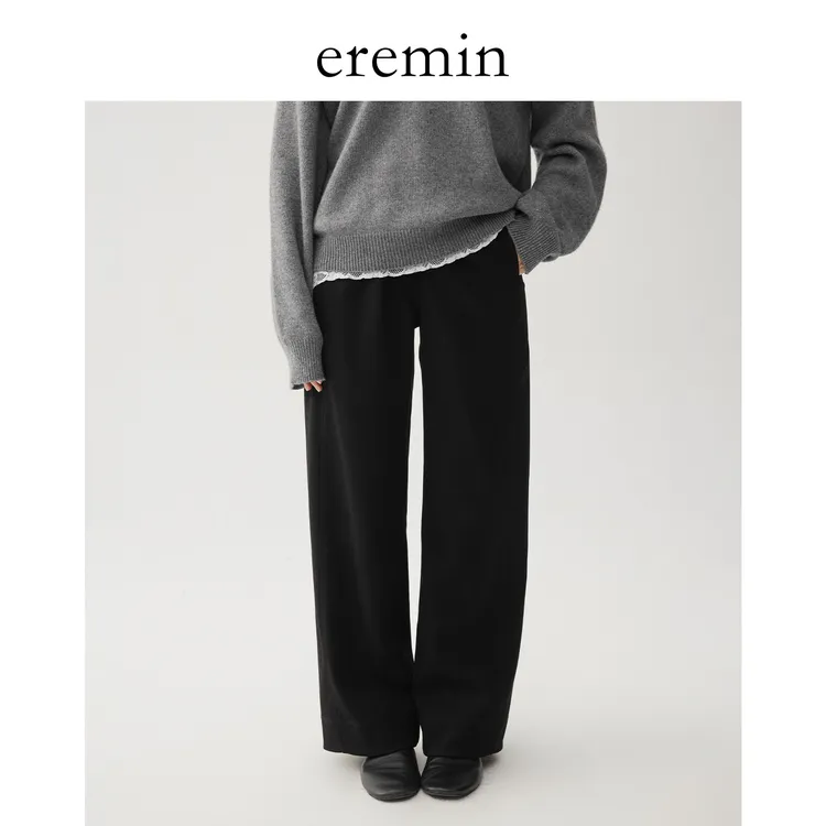 DE Mincollection压条阔腿裤/斜纹厚款通勤小黑裤宽松休闲裤55859