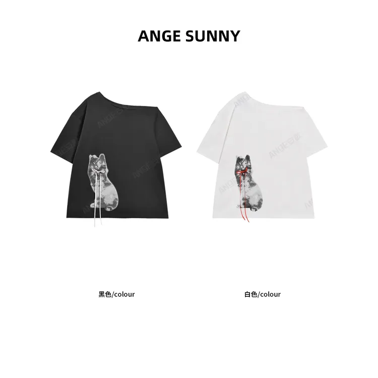 ANGE SUNNY【张元英同款  小猫斜肩短袖T恤】铃铛装饰短袖上衣