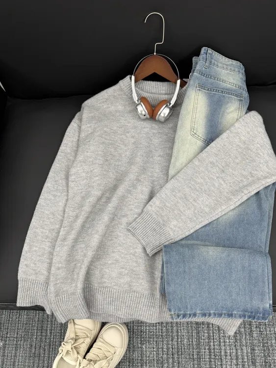 圆领针织毛衣男女同款ins潮流秋季款潮牌宽松套头衫港风纯色线衣