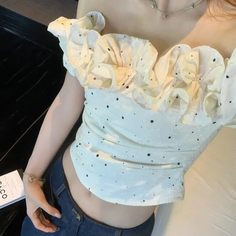 法式复古格纹小浪花一字肩衬衫女性感气质收腰显瘦打揽短款上衣