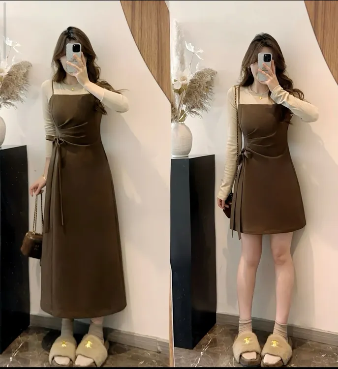 秋季琥珀流光小众设计感新款假两件外穿内搭连衣裙6159