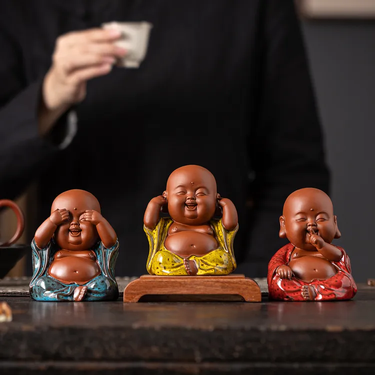 弥勒佛陶瓷三不摆件不说不看不听笑佛佛像客厅办公室玄关招财装饰